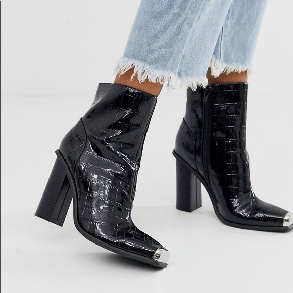 Public Desire Black Croc Toe Cap Ankle Boots - Picture 1 of 15